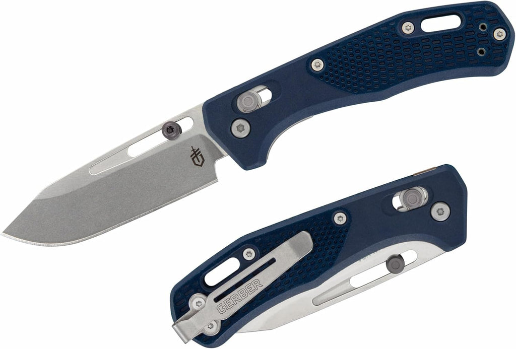 GERBER USA Assert Magnacut BLUE Knife, FOLDING BLADE Hunting Knife w/Sheath NEW