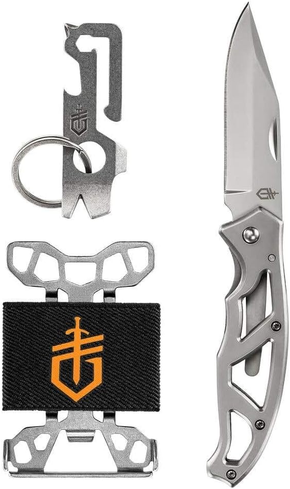 GERBER USA GERBER Paraframe Combo: 4.13" (10.49cm) Closed, 3" (7.62cm) Stainless Blade, Black Stainless Steel Handle, Includes Mullet Keychain Tool &amp; Barbill Wallet Knife w/Sheath NEW