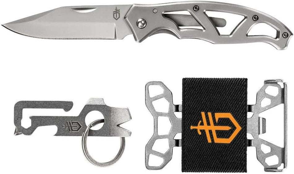 GERBER USA GERBER Paraframe Combo: 4.13" (10.49cm) Closed, 3" (7.62cm) Stainless Blade, Black Stainless Steel Handle, Includes Mullet Keychain Tool &amp; Barbill Wallet Knife w/Sheath NEW