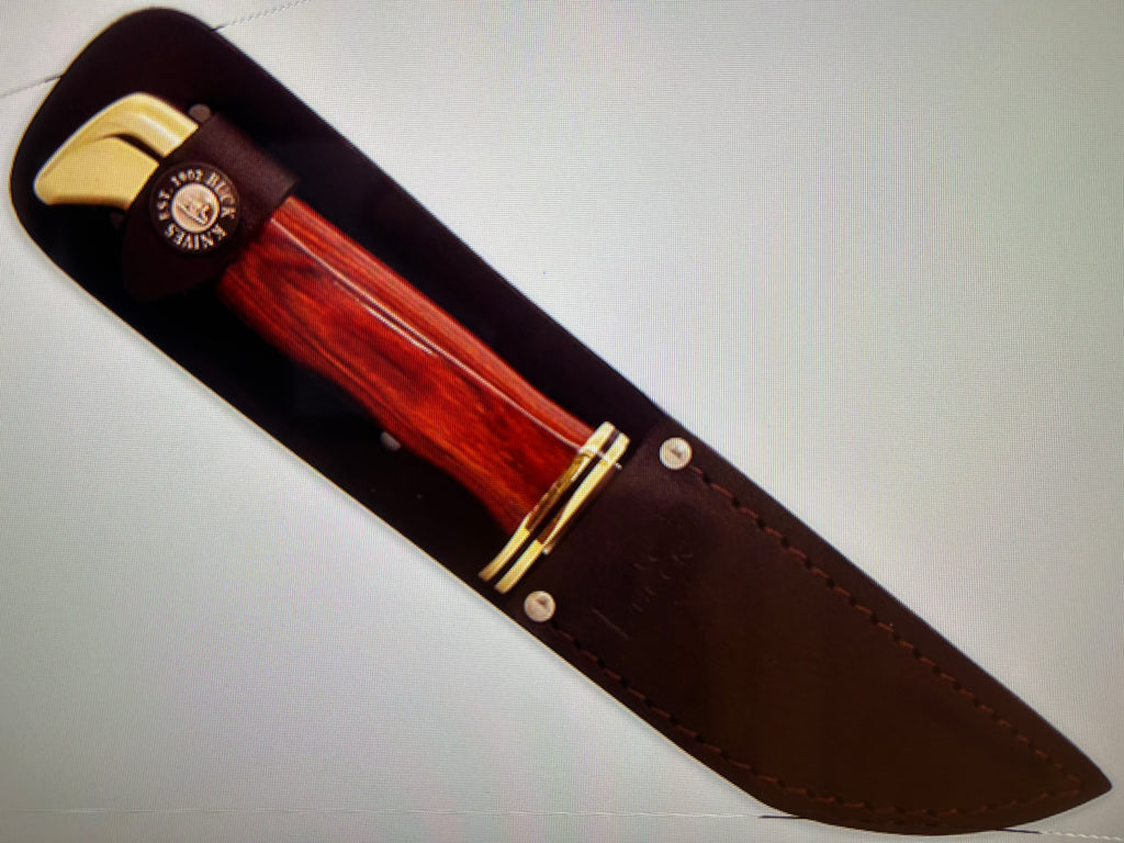 BUCK USA Knives 212 5.5"  ALL PURPOSE FIGHTER KNIFE CHERRY-GOLD MICARTA HANDLE HIGH CARBON STEEL Fixed Blade Knife with Sheath NEW