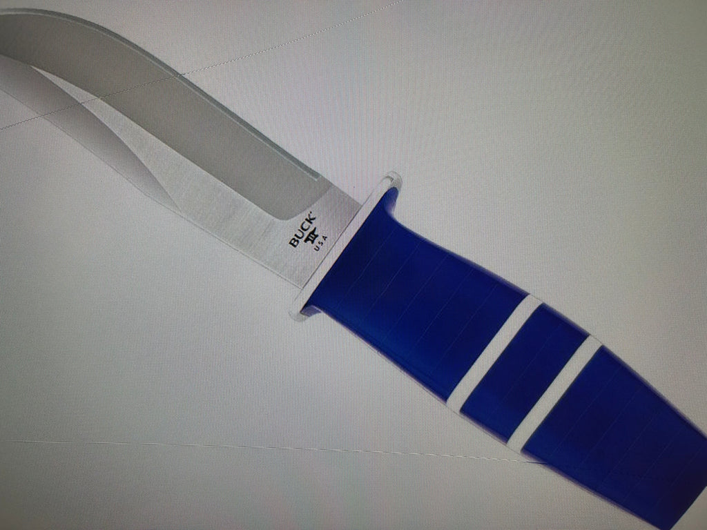 BUCK USA Knives 212 5.5"  ALL PURPOSE FIGHTER KNIFE COBALT BLUE-WHITE MICARTA HANDLE HIGH CARBON STEEL Fixed Blade Knife with Sheath NEW