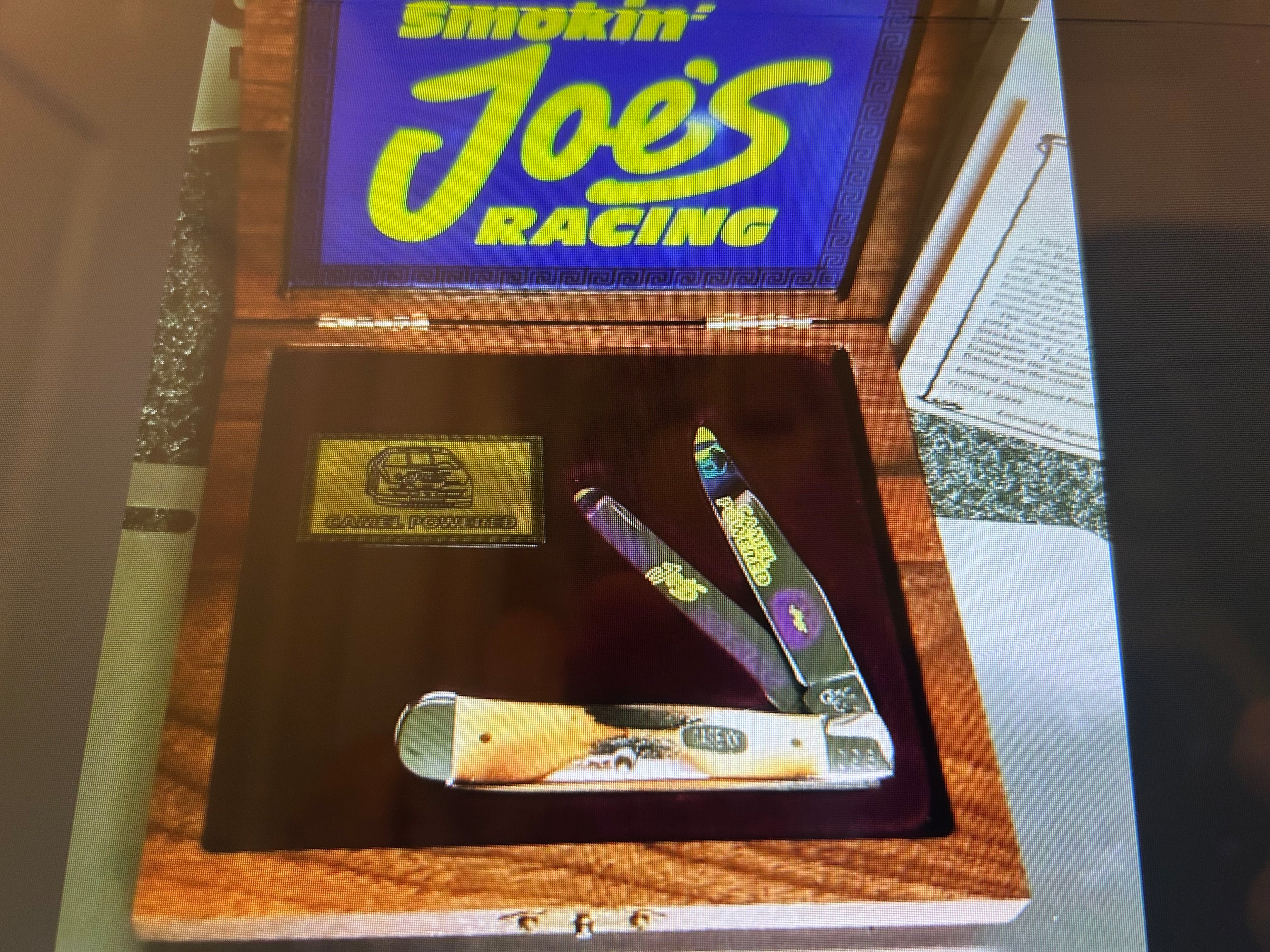 a... Case XX USA Vintage 2000 Trapper Pocket Smoking Joe's Knife White-Yellow Stag Handle w/Sheath Pre-OWNED