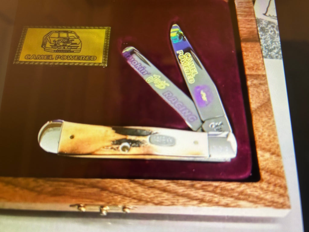 a... Case XX USA Vintage 2000 Trapper Pocket Smoking Joe's Knife White-Yellow Stag Handle w/Sheath Pre-OWNED
