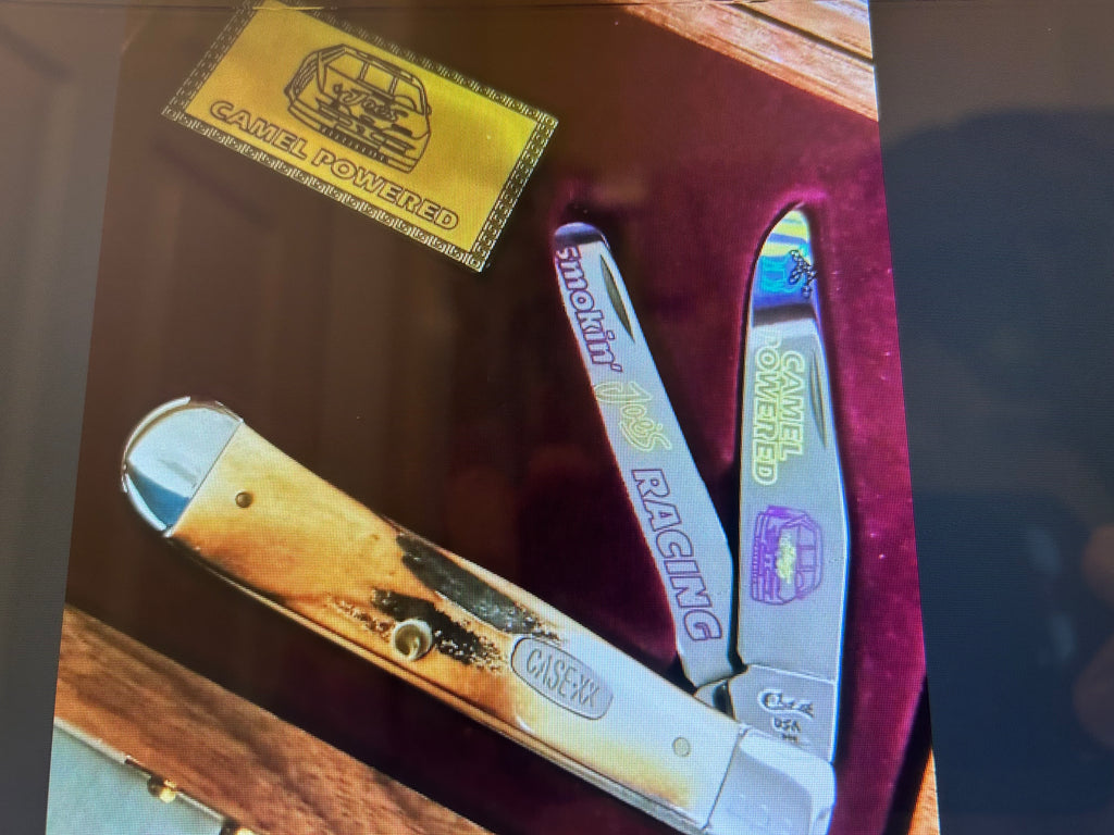 a... Case XX USA Vintage 2000 Trapper Pocket Smoking Joe's Knife White-Yellow Stag Handle w/Sheath Pre-OWNED