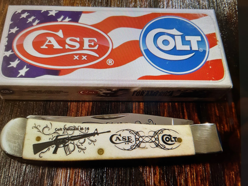 a...Case XX USA COLT SPORTS Vintage 1991 Super Boone Stag Brown Yellow Handle Limited Edition Pocket Knife w/Sheath Pre-OWNED