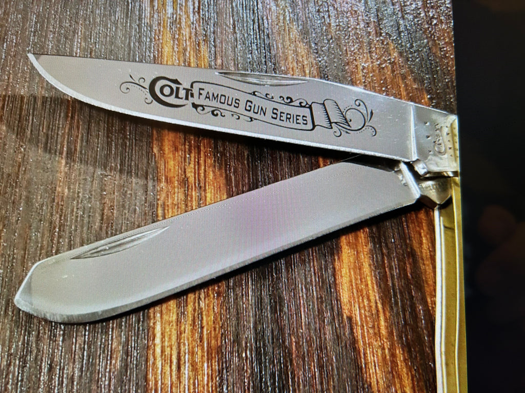 a...Case XX USA COLT SPORTS Vintage 1991 Super Boone Stag Brown Yellow Handle Limited Edition Pocket Knife w/Sheath Pre-OWNED