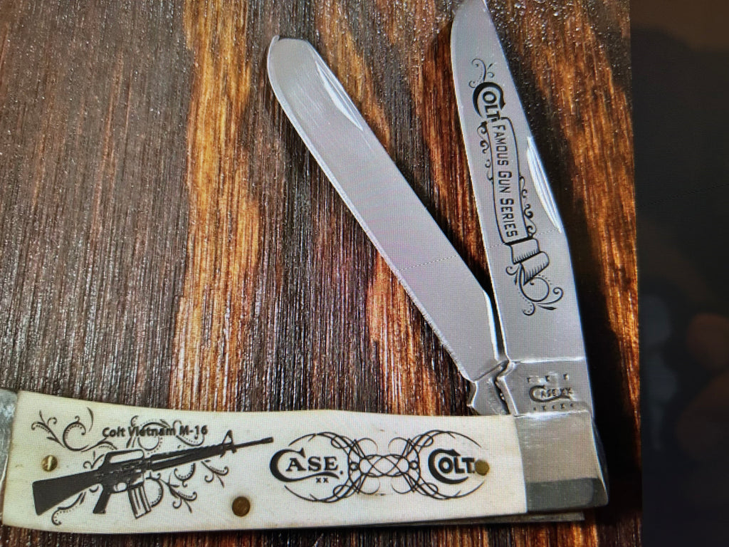 a...Case XX USA COLT SPORTS Vintage 1991 Super Boone Stag Brown Yellow Handle Limited Edition Pocket Knife w/Sheath Pre-OWNED