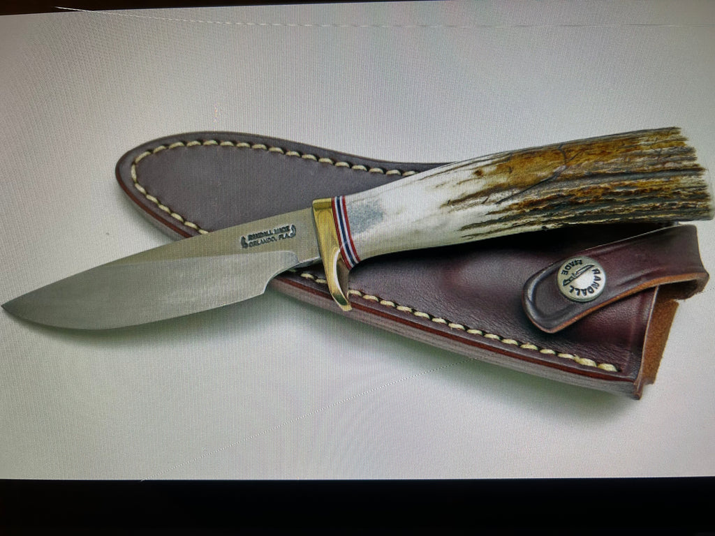 RANDALL USA KNIVES MODEL 5-6.0 ALL PURPOSE FIGHTER KNIFE HIGH CARBON STEEL STAG/ANTLER HANDLE W/SHEATH PRE-OWNED