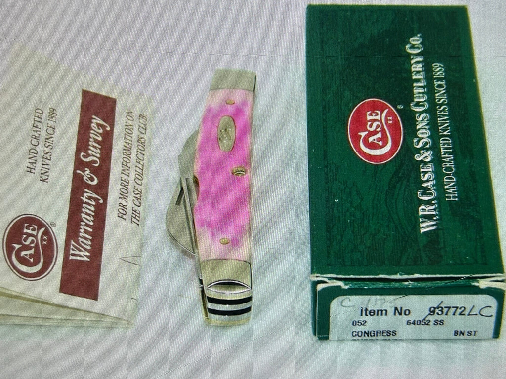 a...Case XX USA The Lady Case Vintage Trapper Exotic Boone Stag Pink Handle Pocket Knife w/Sheath Pre-OWNED