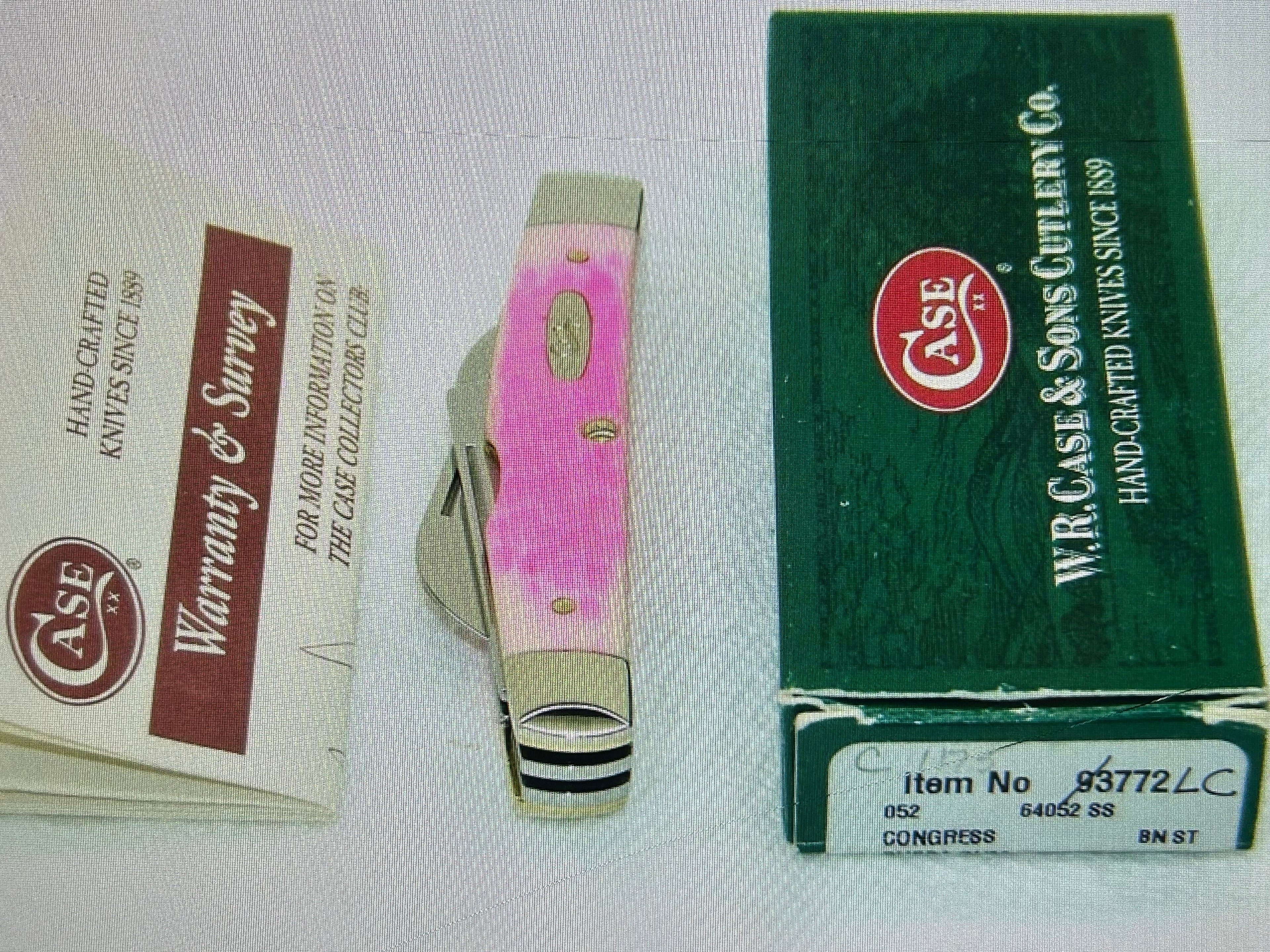 a...Case XX USA The Lady Case Vintage Trapper Exotic Boone Stag Pink Handle Pocket Knife w/Sheath Pre-OWNED