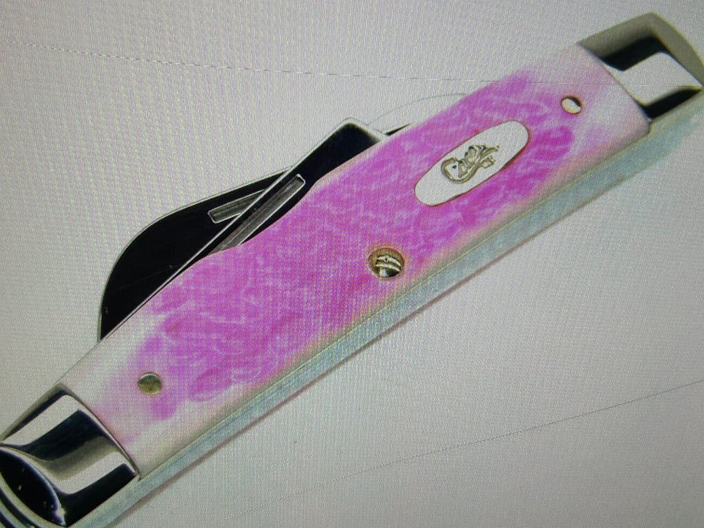a...Case XX USA The Lady Case Vintage Trapper Exotic Boone Stag Pink Handle Pocket Knife w/Sheath Pre-OWNED