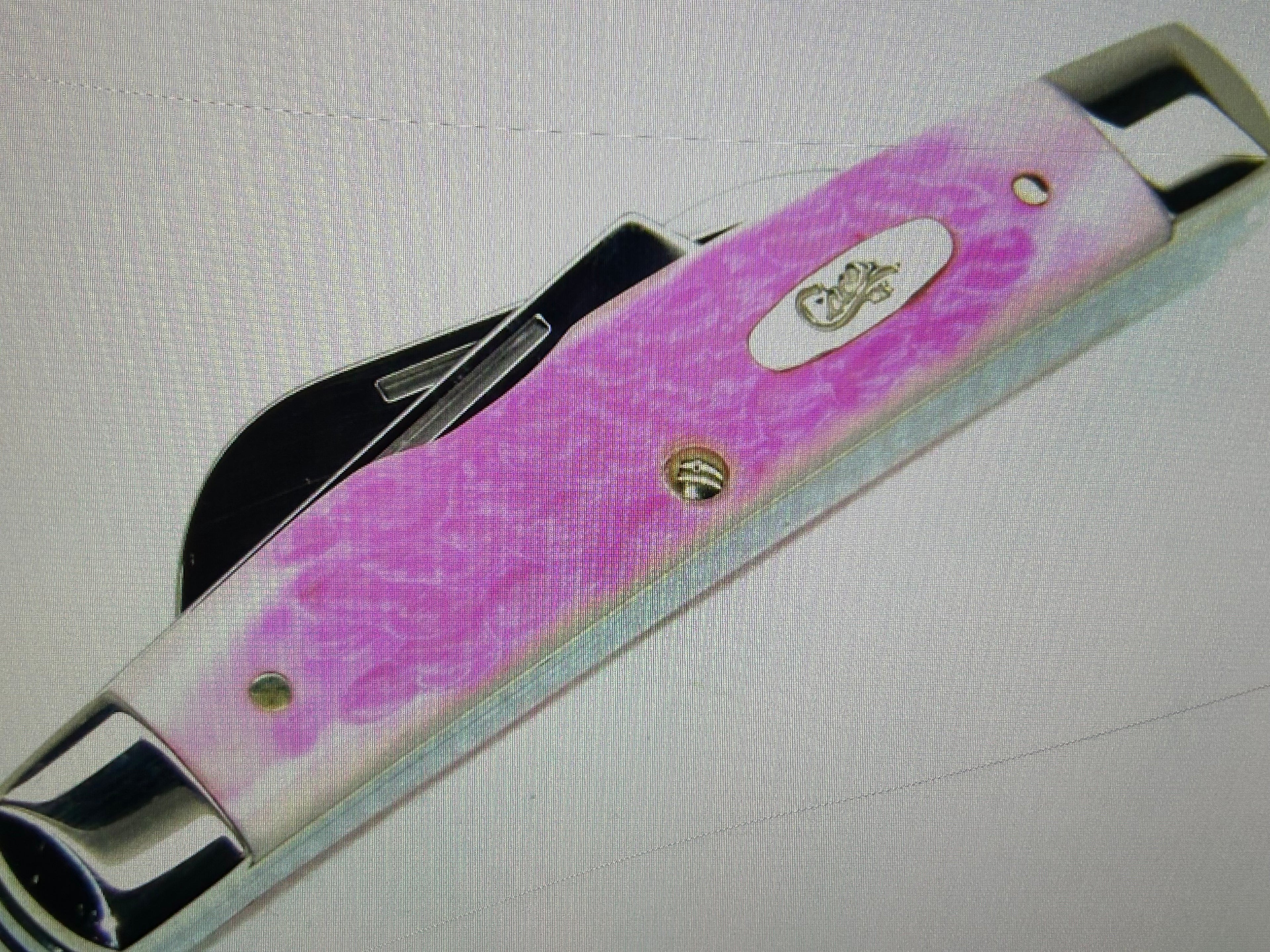 a...Case XX USA The Lady Case Vintage Trapper Exotic Boone Stag Pink Handle Pocket Knife w/Sheath Pre-OWNED
