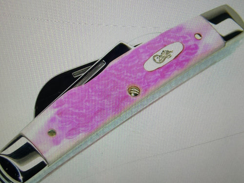 a...Case XX USA The Lady Case Vintage Trapper Exotic Boone Stag Pink Handle Pocket Knife w/Sheath Pre-OWNED