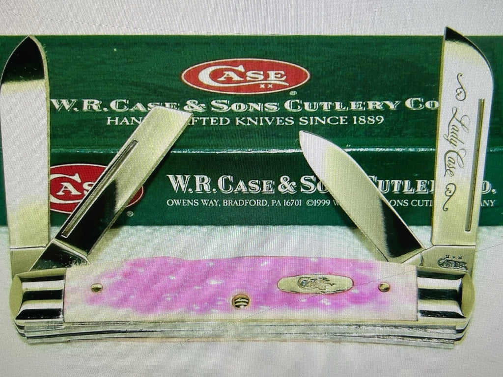 a...Case XX USA The Lady Case Vintage Trapper Exotic Boone Stag Pink Handle Pocket Knife w/Sheath Pre-OWNED