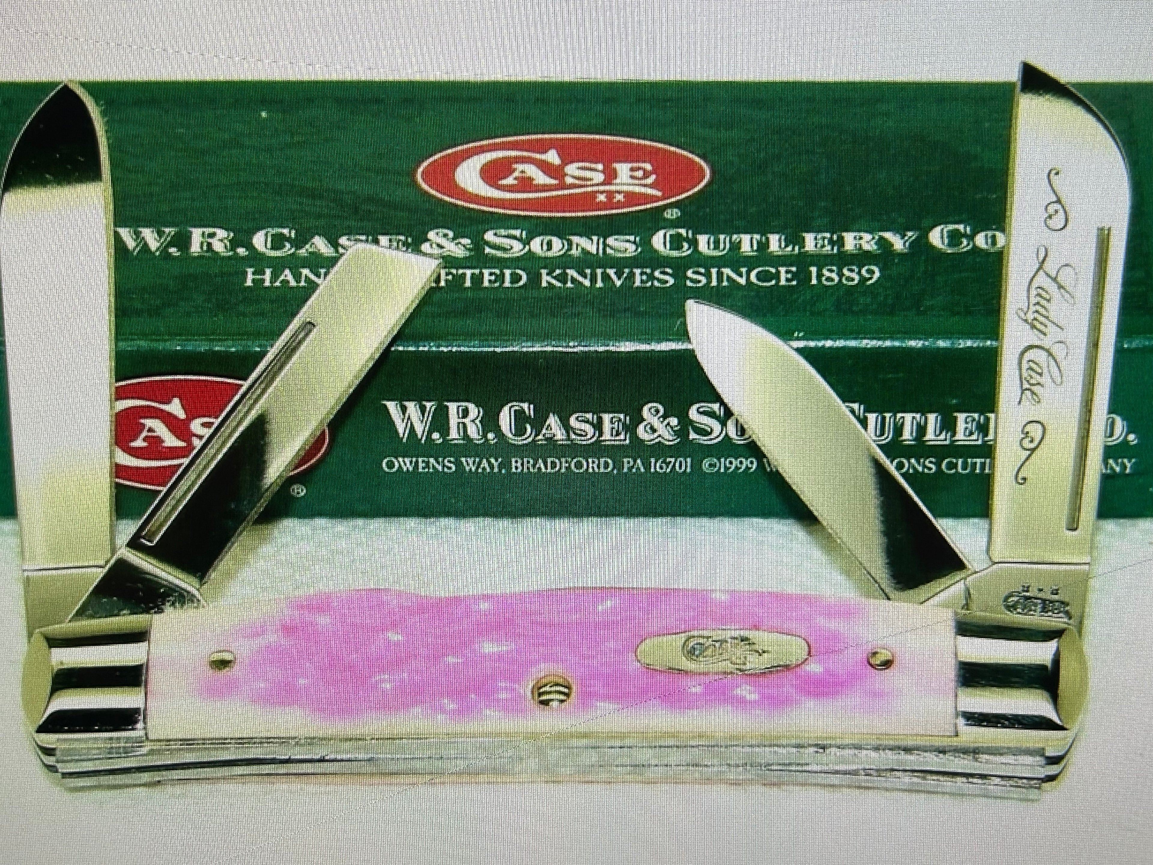 a...Case XX USA The Lady Case Vintage Trapper Exotic Boone Stag Pink Handle Pocket Knife w/Sheath Pre-OWNED