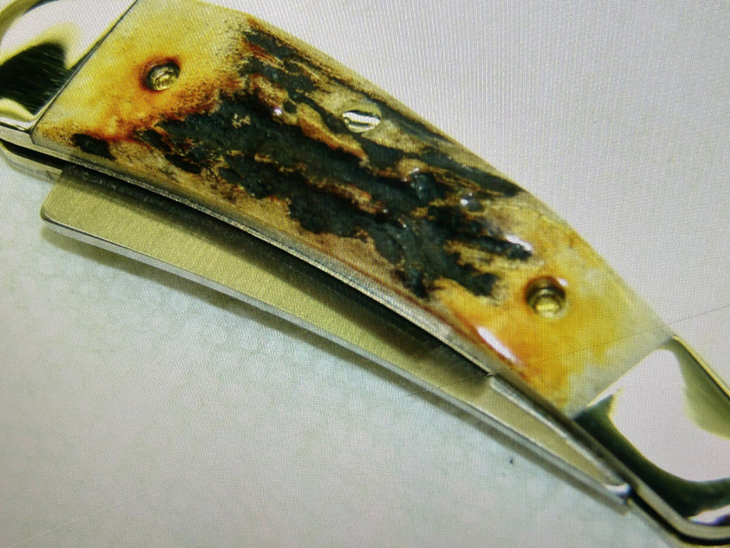 a...CASE USA combination of Case XX USA Razor Centennial 1889 -1989 Vintage Exotic Super Boone Stag Brown Yellow Handle Pocket Knife w/Sheath Pre-OWNED
