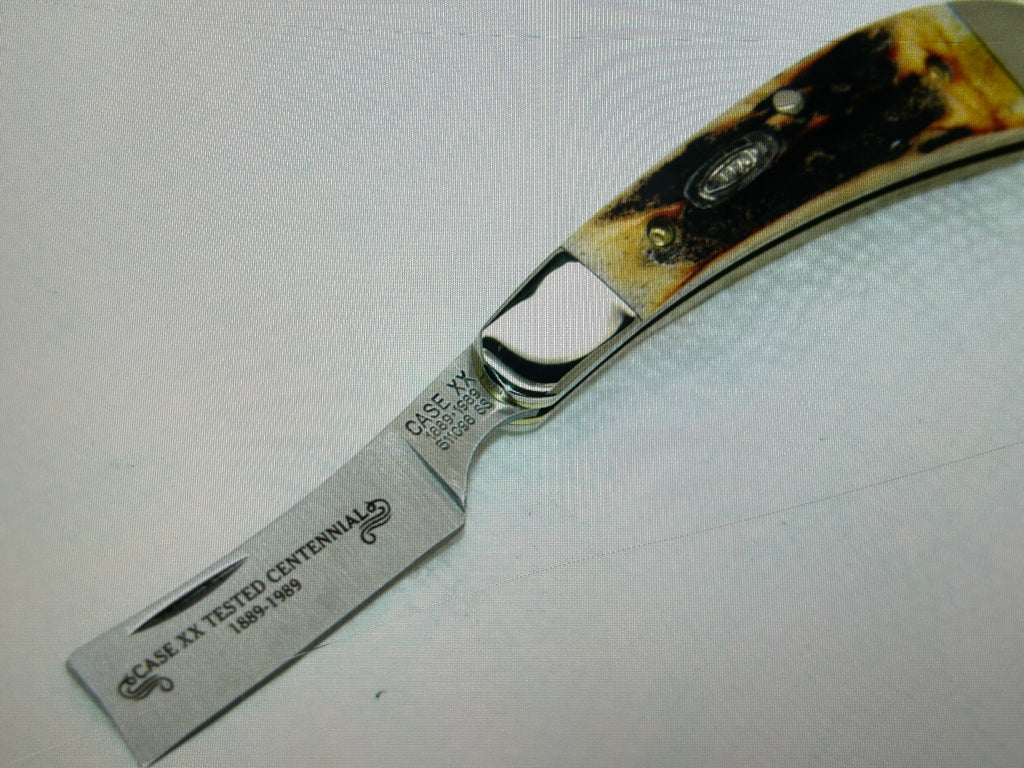 a...CASE USA combination of Case XX USA Razor Centennial 1889 -1989 Vintage Exotic Super Boone Stag Brown Yellow Handle Pocket Knife w/Sheath Pre-OWNED