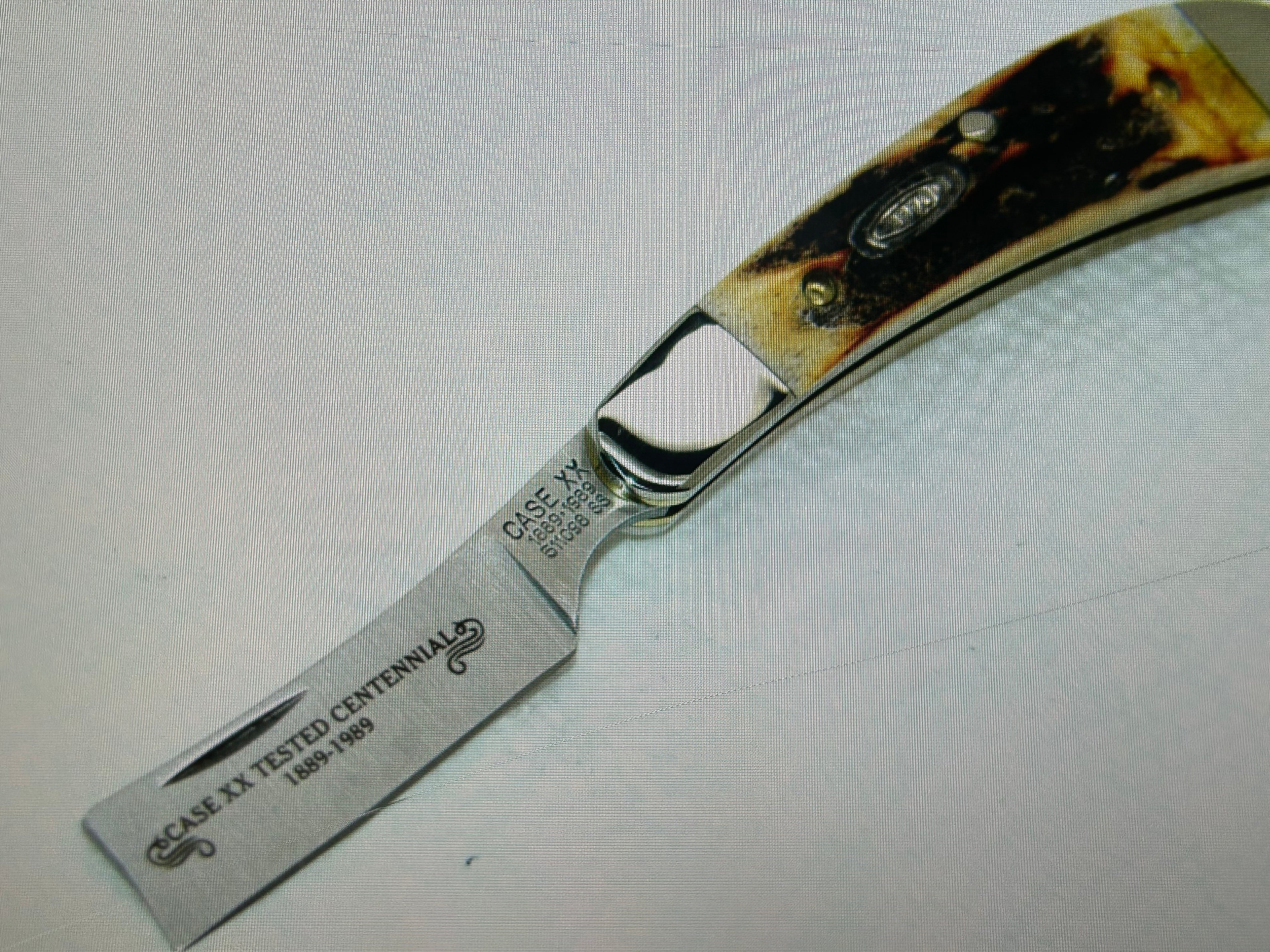 a...CASE USA combination of Case XX USA Razor Centennial 1889 -1989 Vintage Exotic Super Boone Stag Brown Yellow Handle Pocket Knife w/Sheath Pre-OWNED