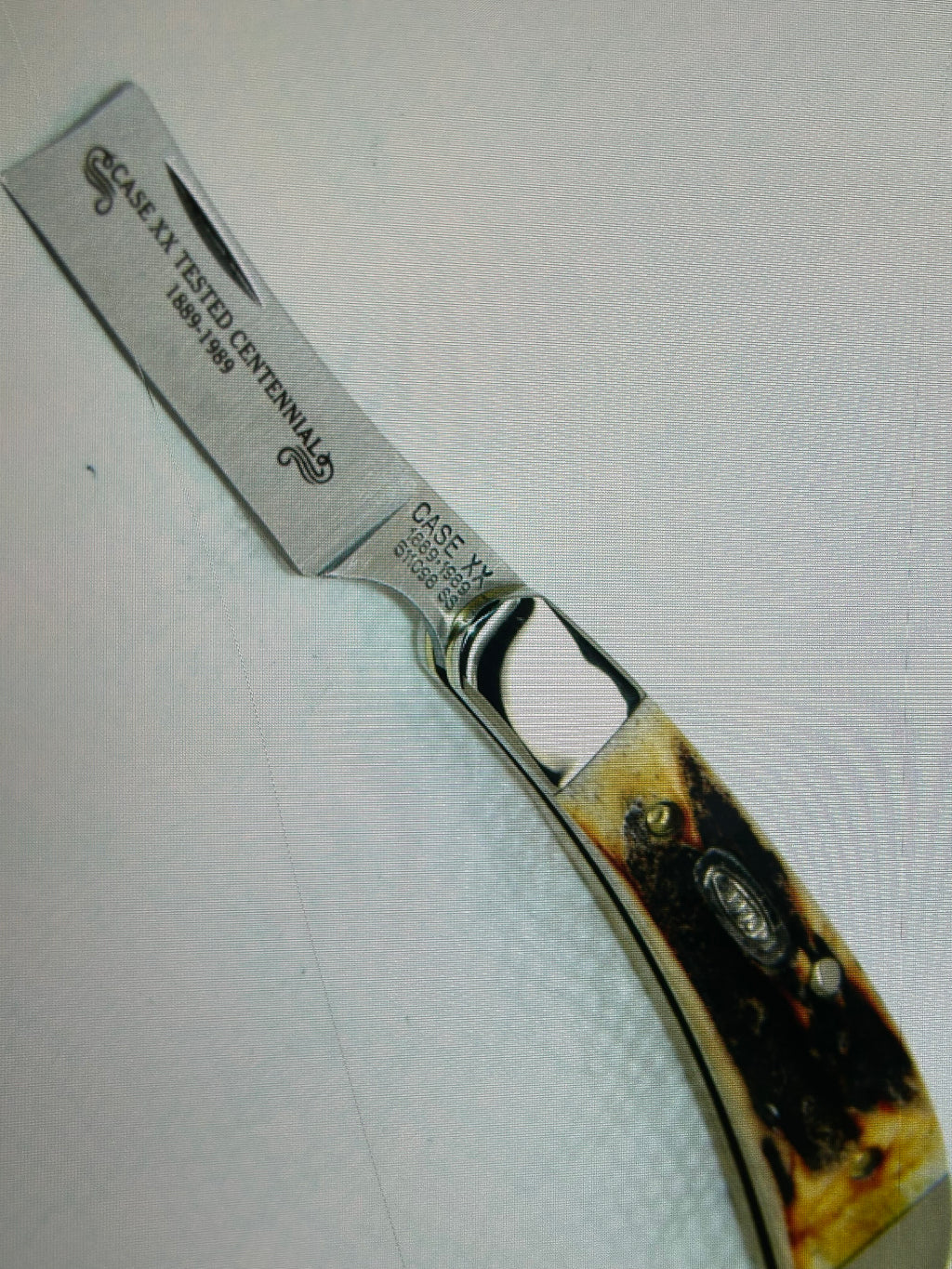 a...CASE USA combination of Case XX USA Razor Centennial 1889 -1989 Vintage Exotic Super Boone Stag Brown Yellow Handle Pocket Knife w/Sheath Pre-OWNED