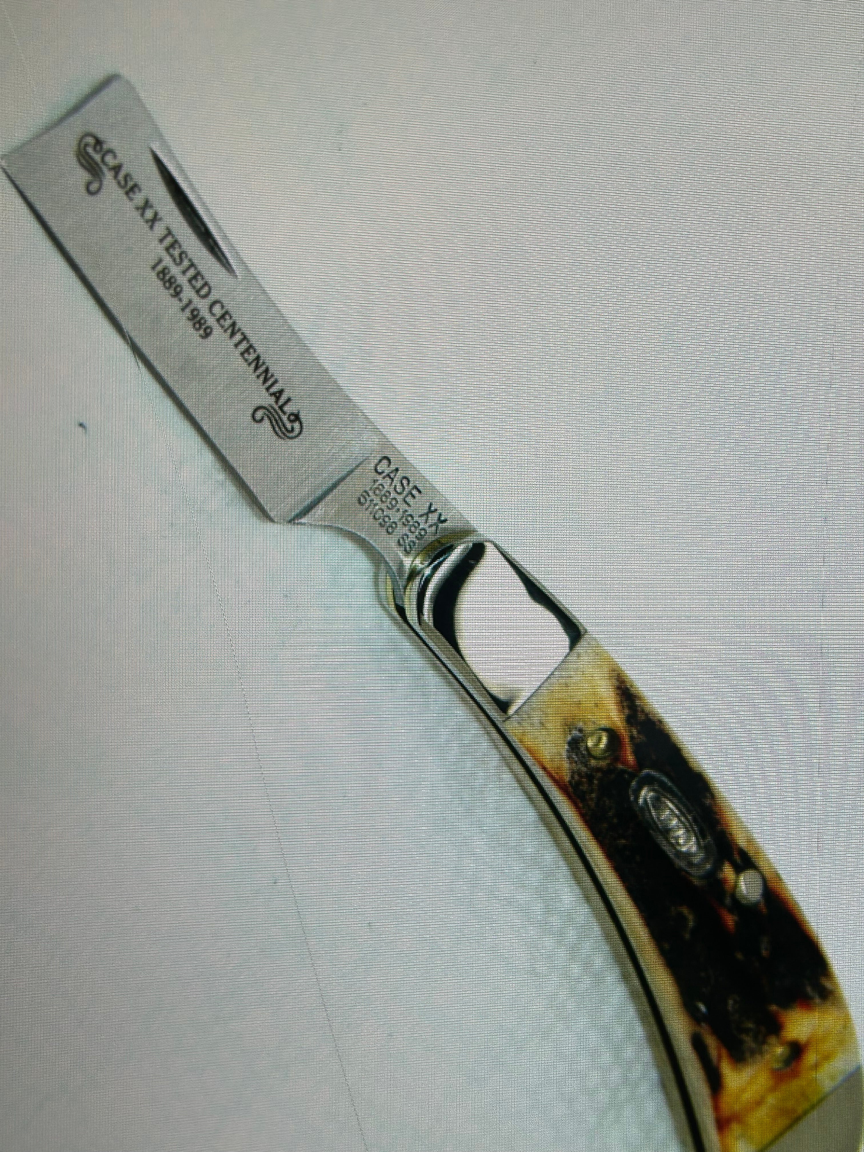 a...CASE USA combination of Case XX USA Razor Centennial 1889 -1989 Vintage Exotic Super Boone Stag Brown Yellow Handle Pocket Knife w/Sheath Pre-OWNED