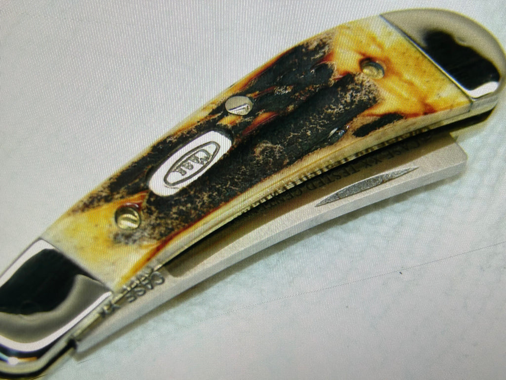 a...CASE USA combination of Case XX USA Razor Centennial 1889 -1989 Vintage Exotic Super Boone Stag Brown Yellow Handle Pocket Knife w/Sheath Pre-OWNED