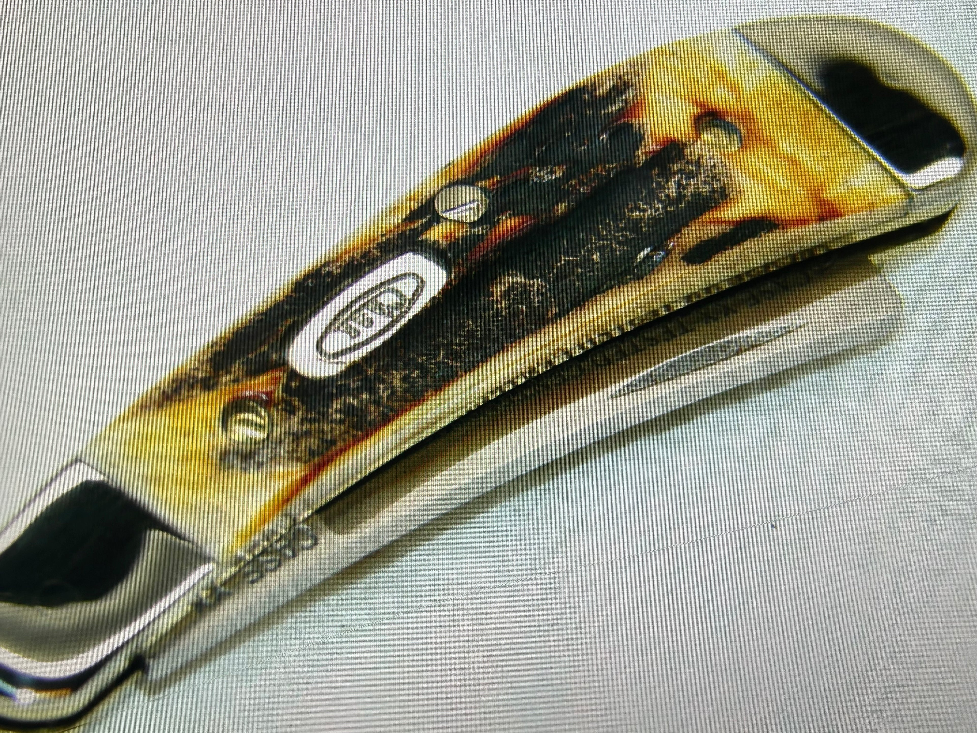 a...CASE USA combination of Case XX USA Razor Centennial 1889 -1989 Vintage Exotic Super Boone Stag Brown Yellow Handle Pocket Knife w/Sheath Pre-OWNED