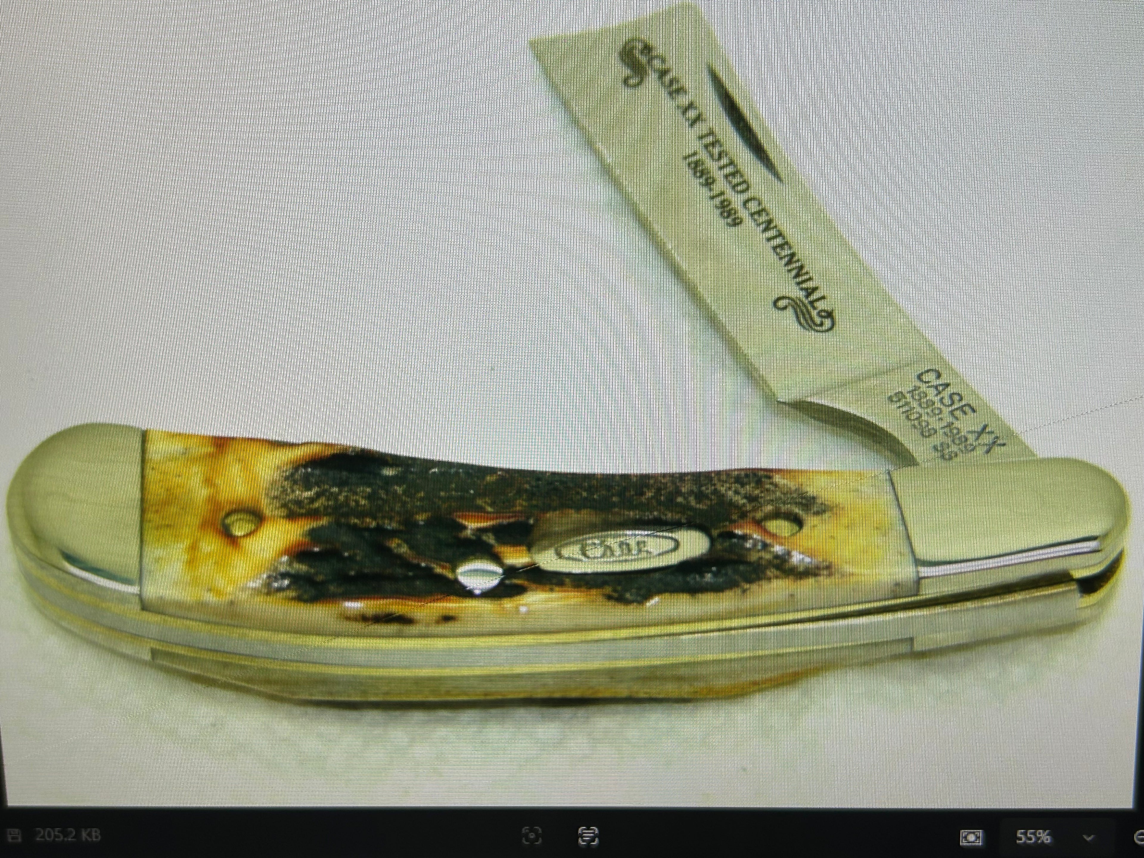 a...CASE USA combination of Case XX USA Razor Centennial 1889 -1989 Vintage Exotic Super Boone Stag Brown Yellow Handle Pocket Knife w/Sheath Pre-OWNED