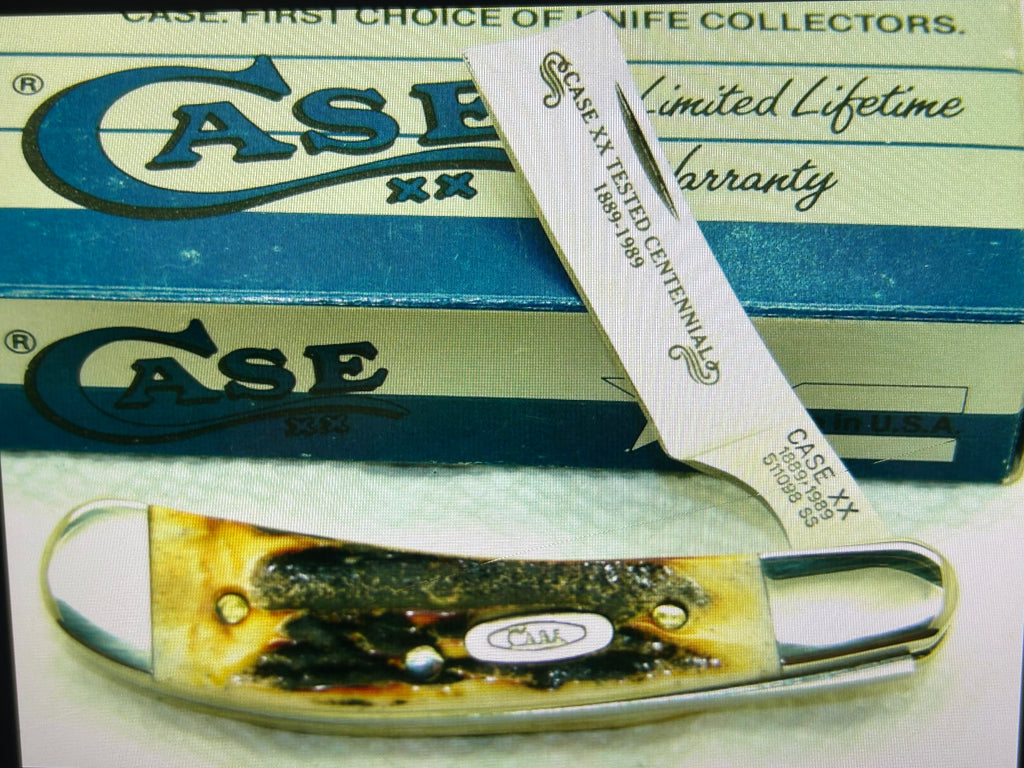 a...CASE USA combination of Case XX USA Razor Centennial 1889 -1989 Vintage Exotic Super Boone Stag Brown Yellow Handle Pocket Knife w/Sheath Pre-OWNED