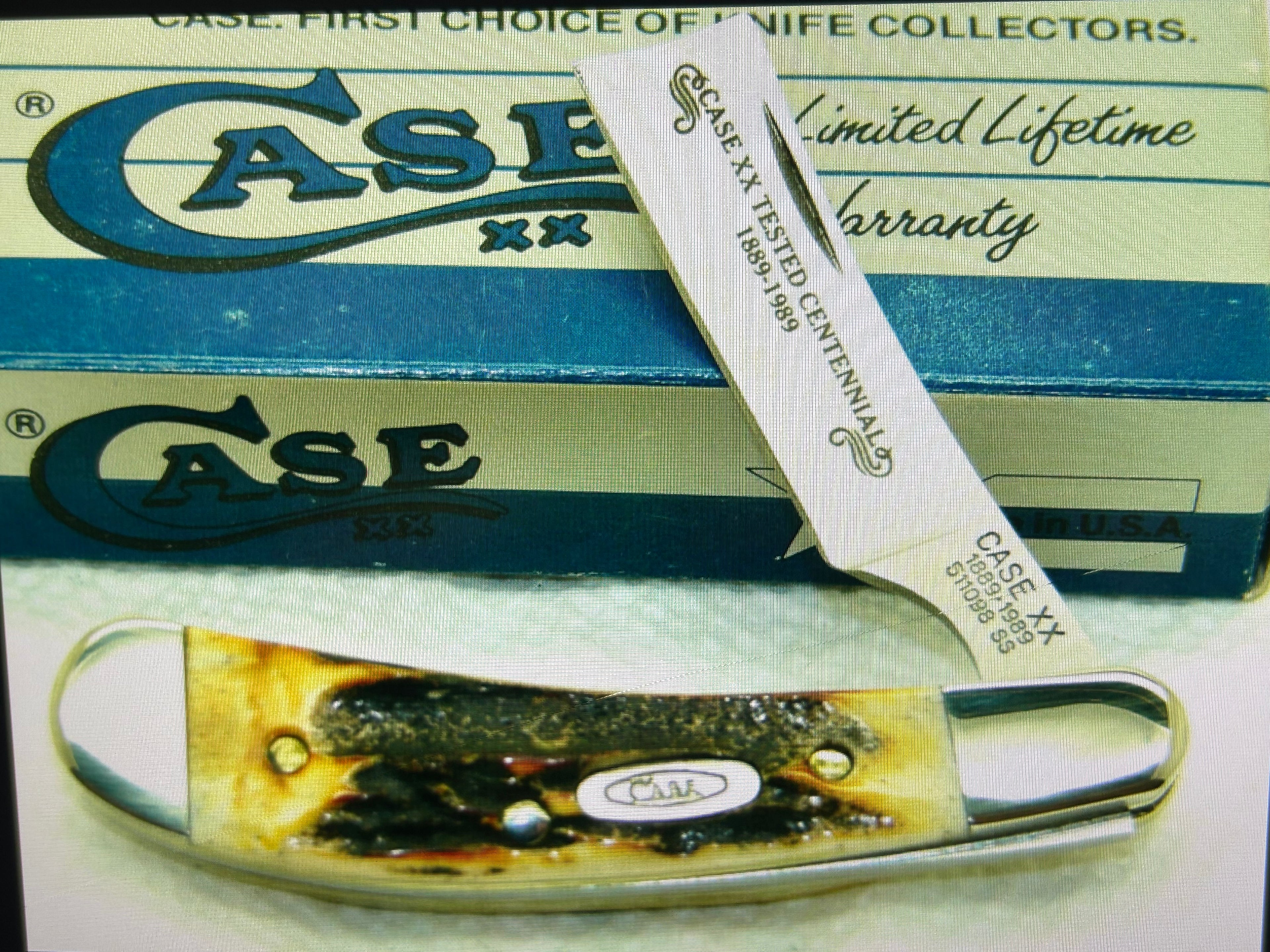 a...CASE USA combination of Case XX USA Razor Centennial 1889 -1989 Vintage Exotic Super Boone Stag Brown Yellow Handle Pocket Knife w/Sheath Pre-OWNED
