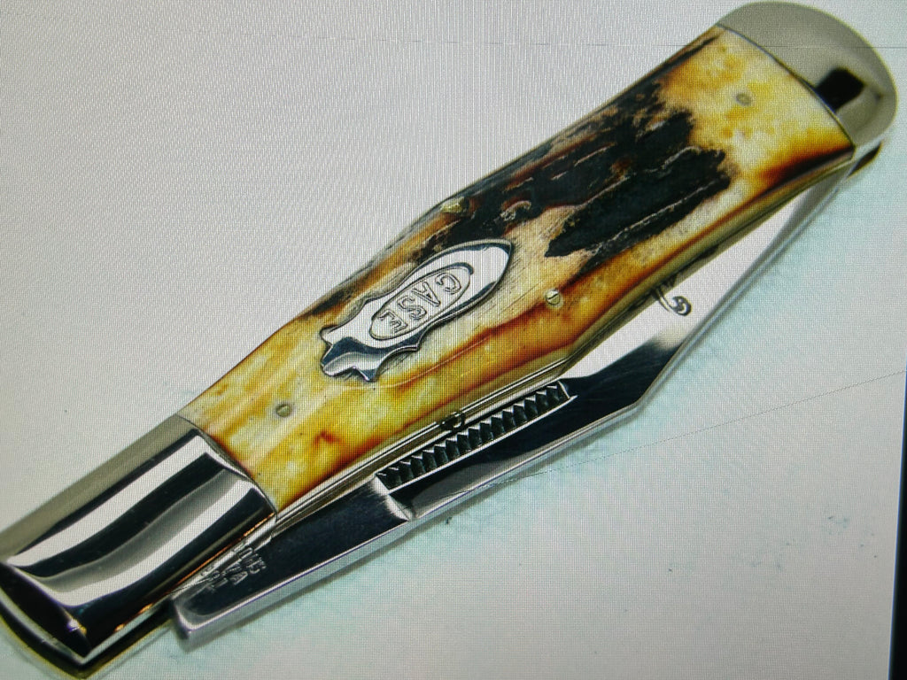 a...Case XX USA WR Case & Sons Vintage 1991 Super Boone Stag Brown Yellow Handle Limited Edition Pocket Knife w/Sheath Pre-OWNED