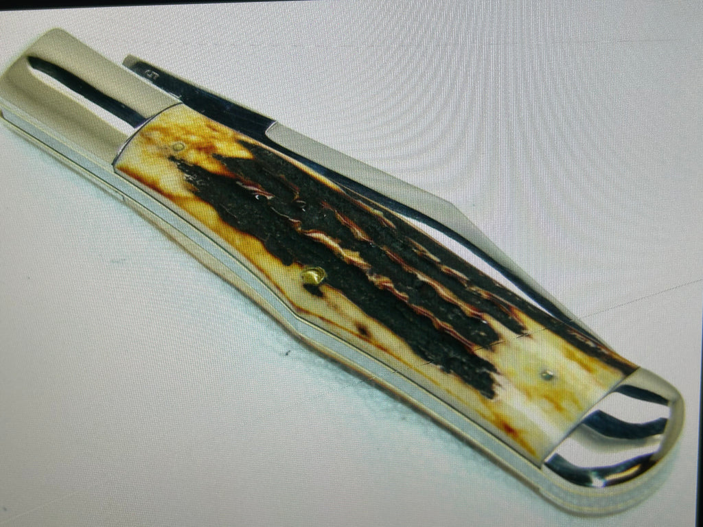 a...Case XX USA WR Case & Sons Vintage 1991 Super Boone Stag Brown Yellow Handle Limited Edition Pocket Knife w/Sheath Pre-OWNED