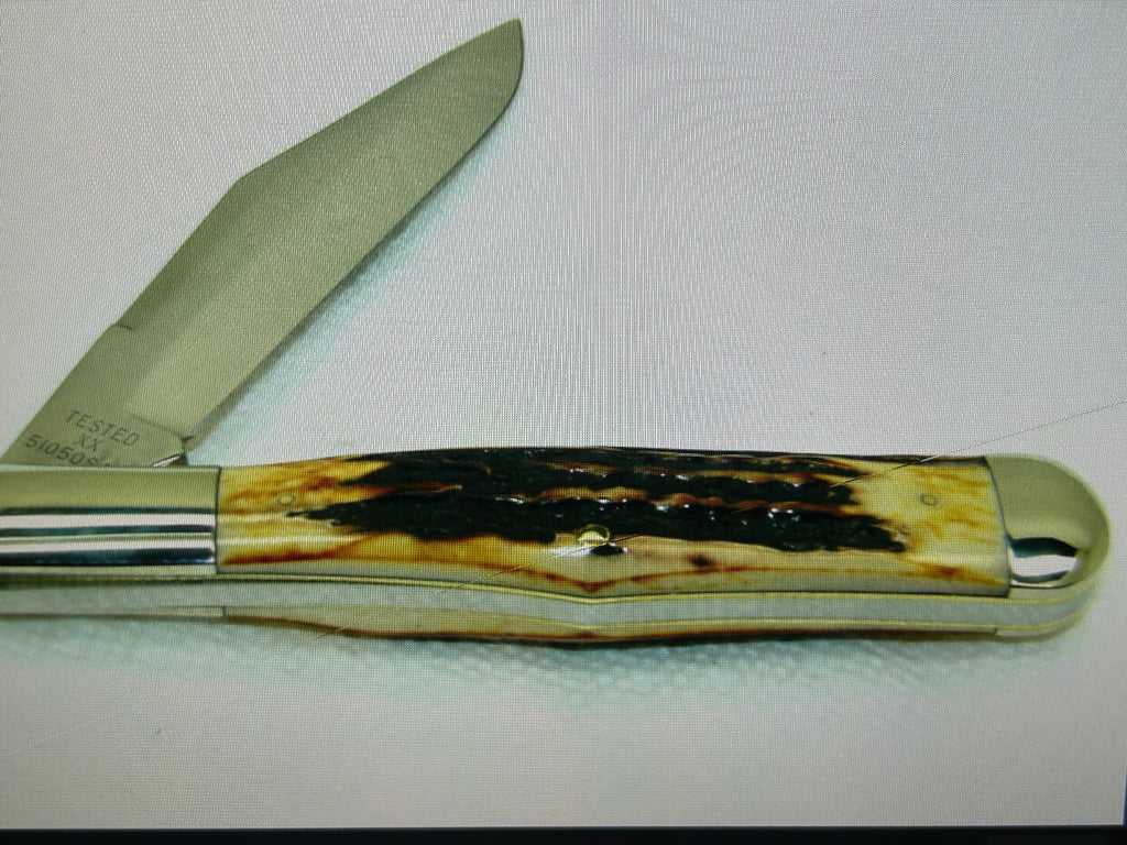 a...Case XX USA WR Case & Sons Vintage 1991 Super Boone Stag Brown Yellow Handle Limited Edition Pocket Knife w/Sheath Pre-OWNED