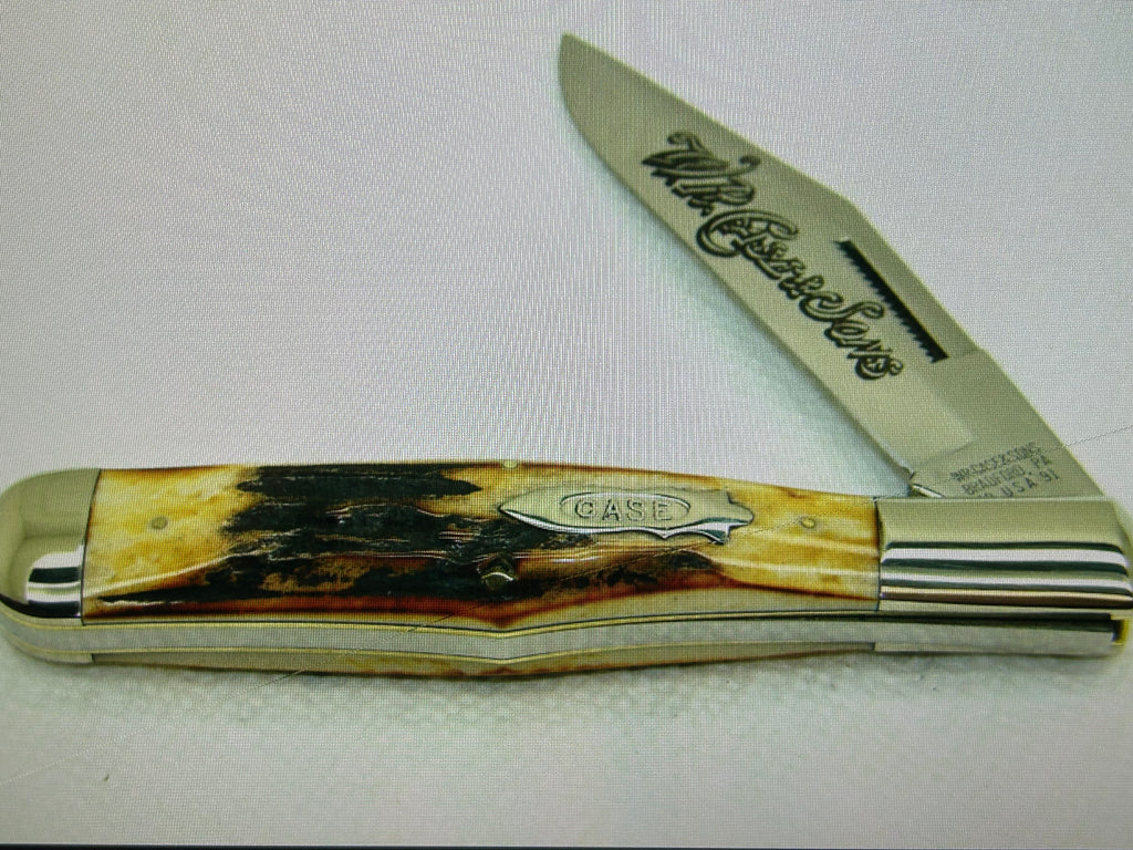 a...Case XX USA WR Case & Sons Vintage 1991 Super Boone Stag Brown Yellow Handle Limited Edition Pocket Knife w/Sheath Pre-OWNED