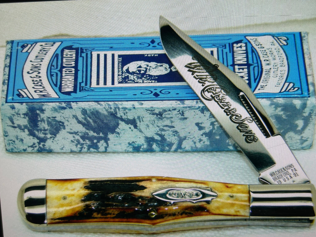 a...Case XX USA WR Case & Sons Vintage 1991 Super Boone Stag Brown Yellow Handle Limited Edition Pocket Knife w/Sheath Pre-OWNED
