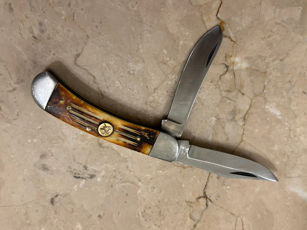SS...TC DARK CREAM BOONE HANDLE 2 BLADE STAINLESS STEEL MANUAL VINTAGE KNIFE USED