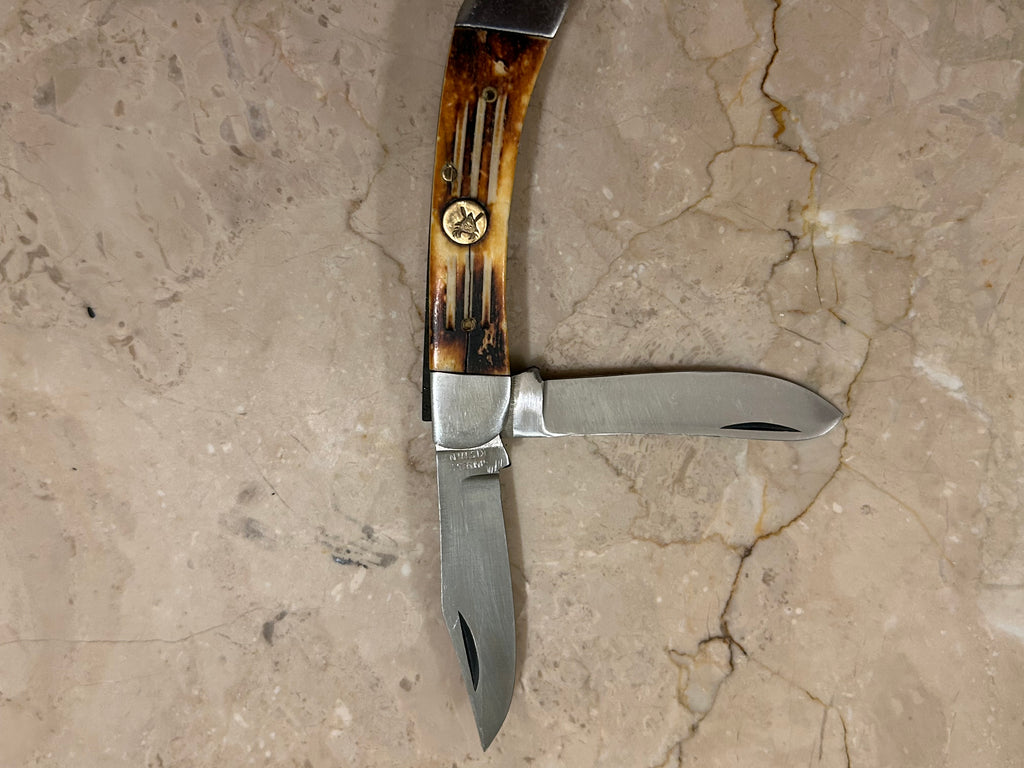 SS...TC DARK CREAM BOONE HANDLE 2 BLADE STAINLESS STEEL MANUAL VINTAGE KNIFE USED