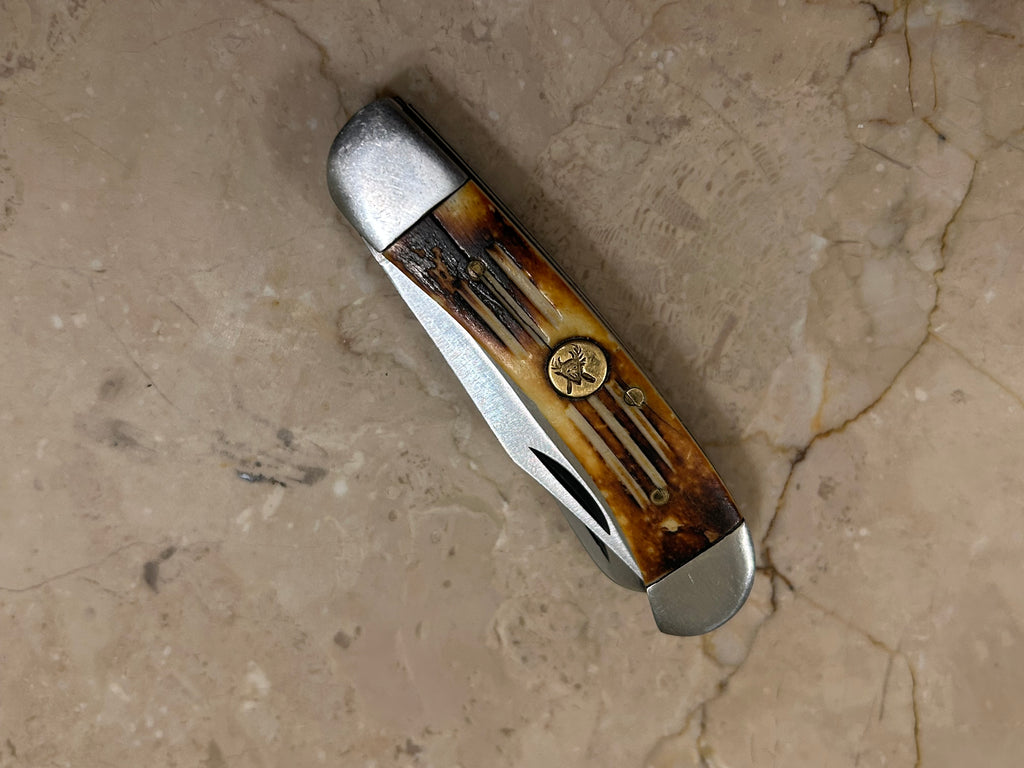 SS...TC DARK CREAM BOONE HANDLE 2 BLADE STAINLESS STEEL MANUAL VINTAGE KNIFE USED