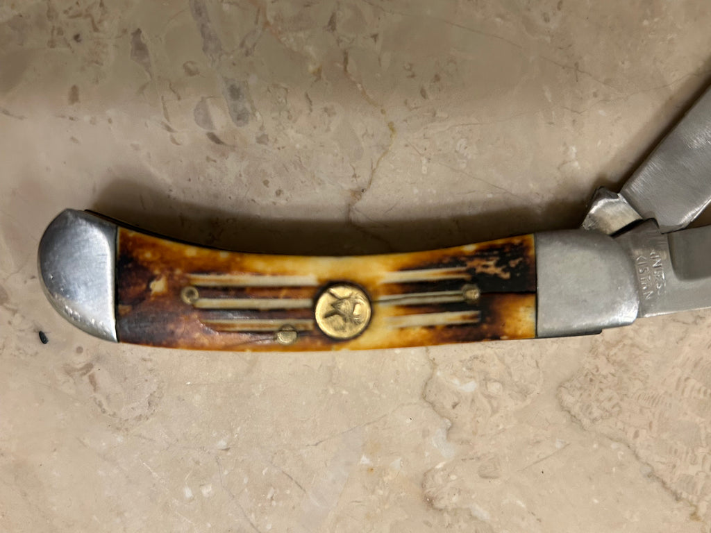 SS...TC DARK CREAM BOONE HANDLE 2 BLADE STAINLESS STEEL MANUAL VINTAGE KNIFE USED