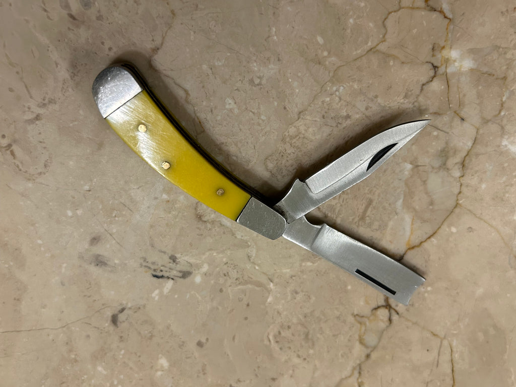 SS...TC RAZOR YELLOW BAKELIGHT HANDLE 2 BLADE STAINLESS STEEL MANUAL VINTAGE KNIFE USED