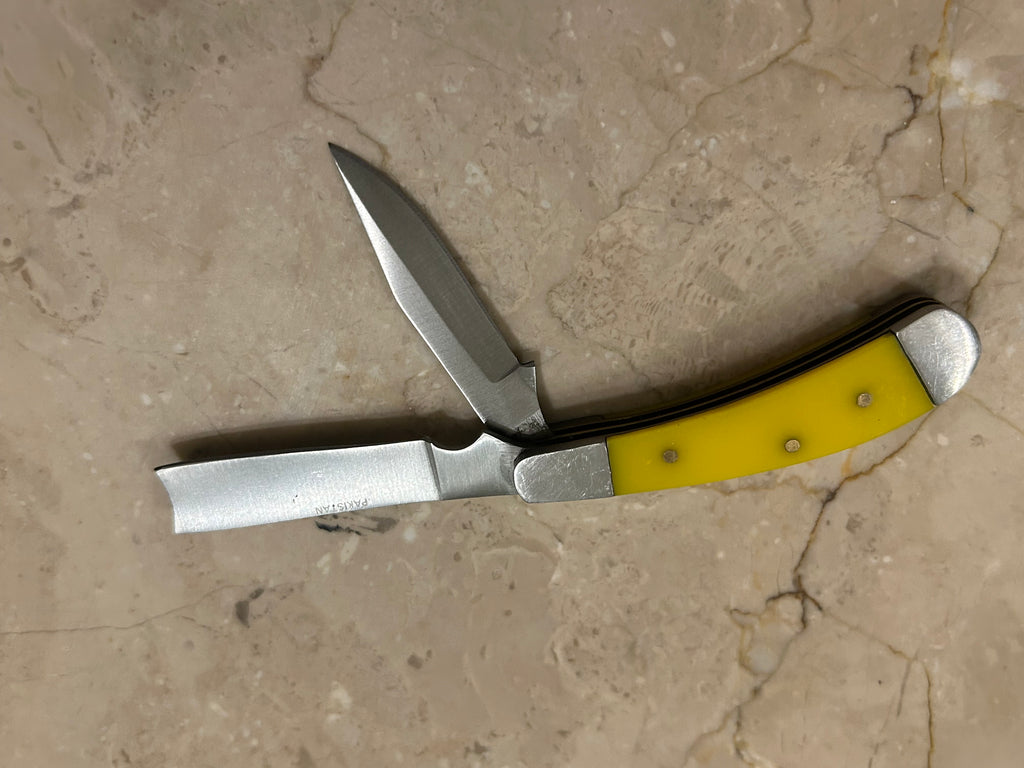 SS...TC RAZOR YELLOW BAKELIGHT HANDLE 2 BLADE STAINLESS STEEL MANUAL VINTAGE KNIFE USED