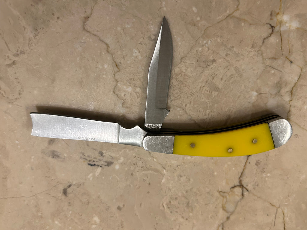 SS...TC RAZOR YELLOW BAKELIGHT HANDLE 2 BLADE STAINLESS STEEL MANUAL VINTAGE KNIFE USED