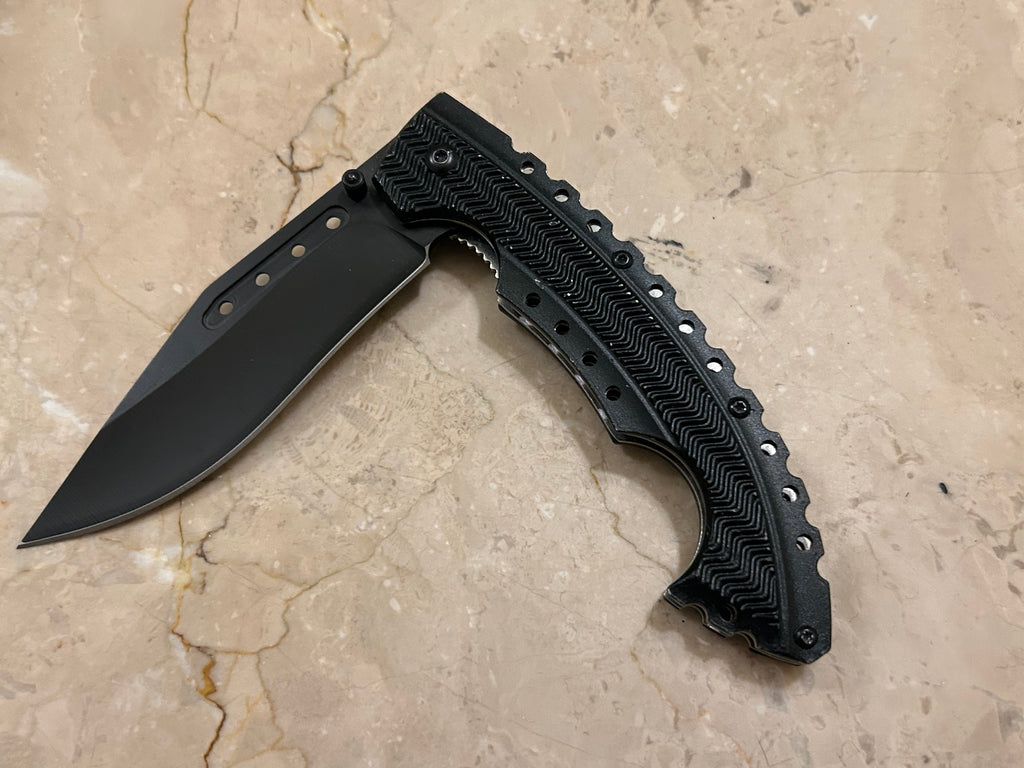 TC 1 BLADE STAINLESS STEEL CURVE HANDLE TACTICAL BLACK ASSIT VINTAGE KNIFE USED