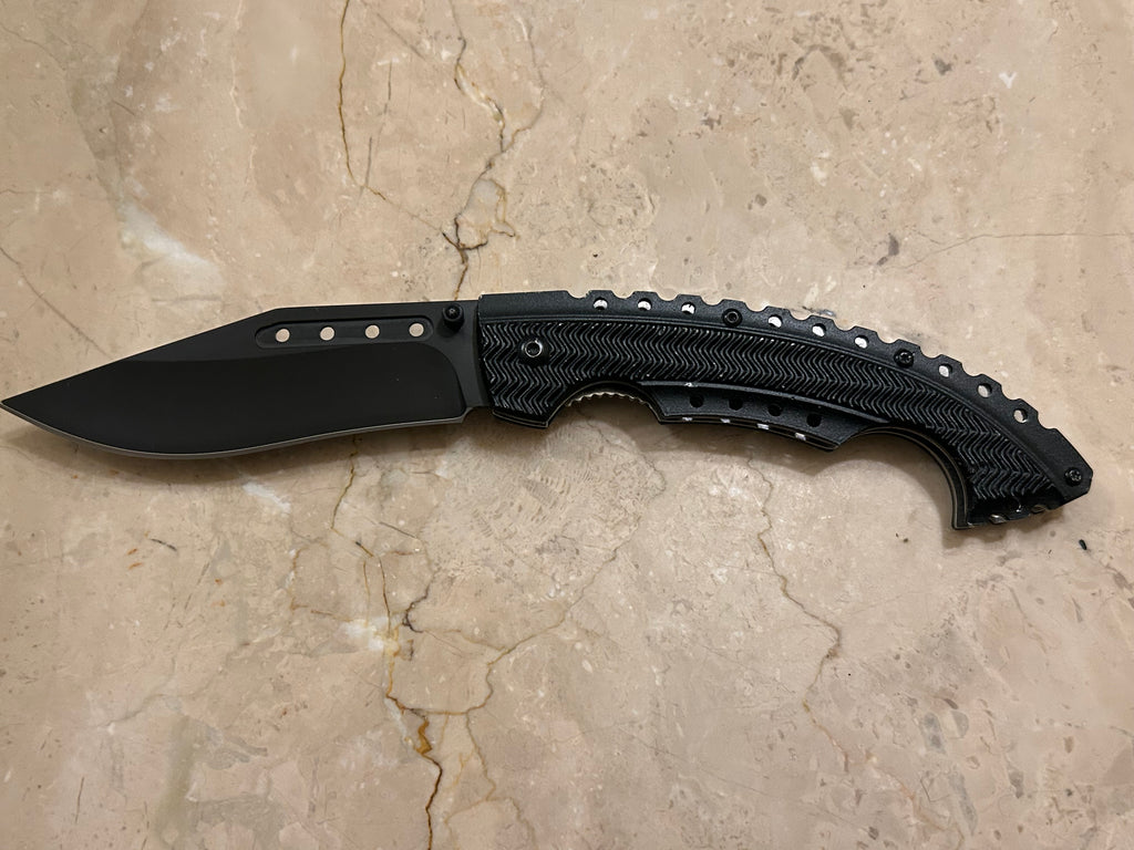 TC 1 BLADE STAINLESS STEEL CURVE HANDLE TACTICAL BLACK ASSIT VINTAGE KNIFE USED