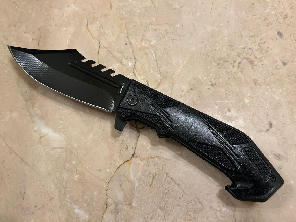 TC 1 BLADE STAINLESS STEEL CURVE BLADE TACTICAL BLACK  ASSIT VINTAGE KNIFE USED