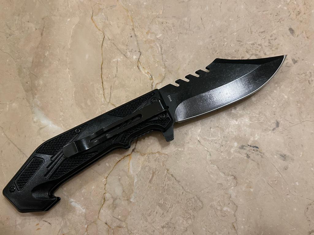 TC 1 BLADE STAINLESS STEEL CURVE BLADE TACTICAL BLACK  ASSIT VINTAGE KNIFE USED