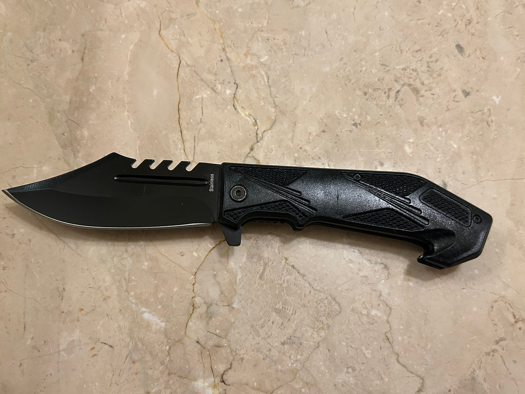 TC 1 BLADE STAINLESS STEEL CURVE BLADE TACTICAL BLACK  ASSIT VINTAGE KNIFE USED