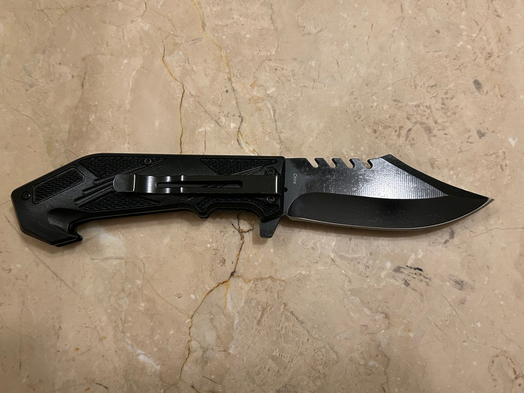 TC 1 BLADE STAINLESS STEEL CURVE BLADE TACTICAL BLACK  ASSIT VINTAGE KNIFE USED