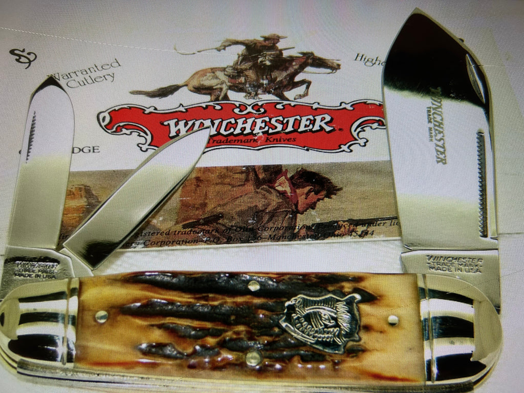 a...Case XX USA Winchester 2010 BH Jumbo Whitter Vintage Buffalo Head Dark Stag Handle Pocket Knife Pre-Owned