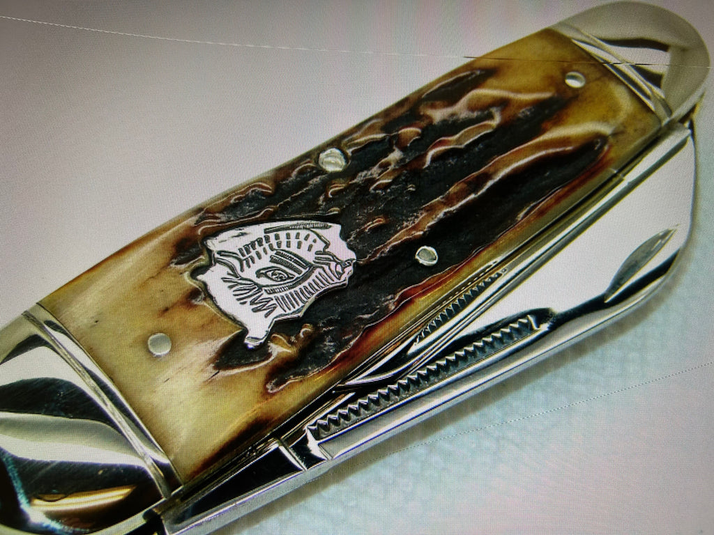 a...Case XX USA Winchester 2010 BH Jumbo Whitter Vintage Buffalo Head Dark Stag Handle Pocket Knife Pre-Owned