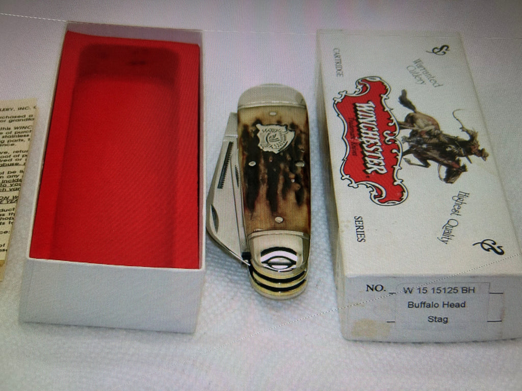 a...Case XX USA Winchester 2010 BH Jumbo Whitter Vintage Buffalo Head Dark Stag Handle Pocket Knife Pre-Owned